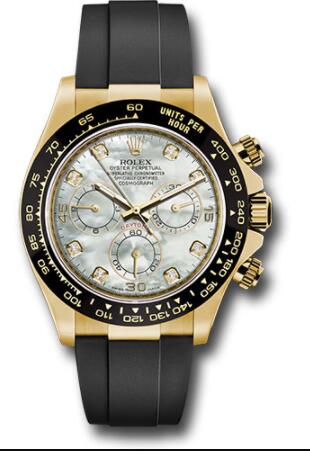 Replica Rolex Yellow Gold Cosmograph Daytona 40 Watch 116518LN White Mother-Of-Pearl Diamond Dial - Black Oysterflex Strap - Click Image to Close